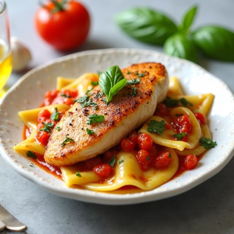 Spinach Ravioli with Pan-Seared Chicken and Fresh Tomato Basil Sauce
