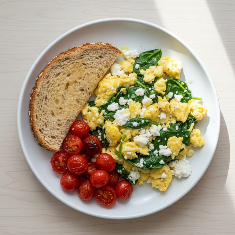 Cottage Cheese Egg Scramble with Spinach and Cherry Tomatoes
