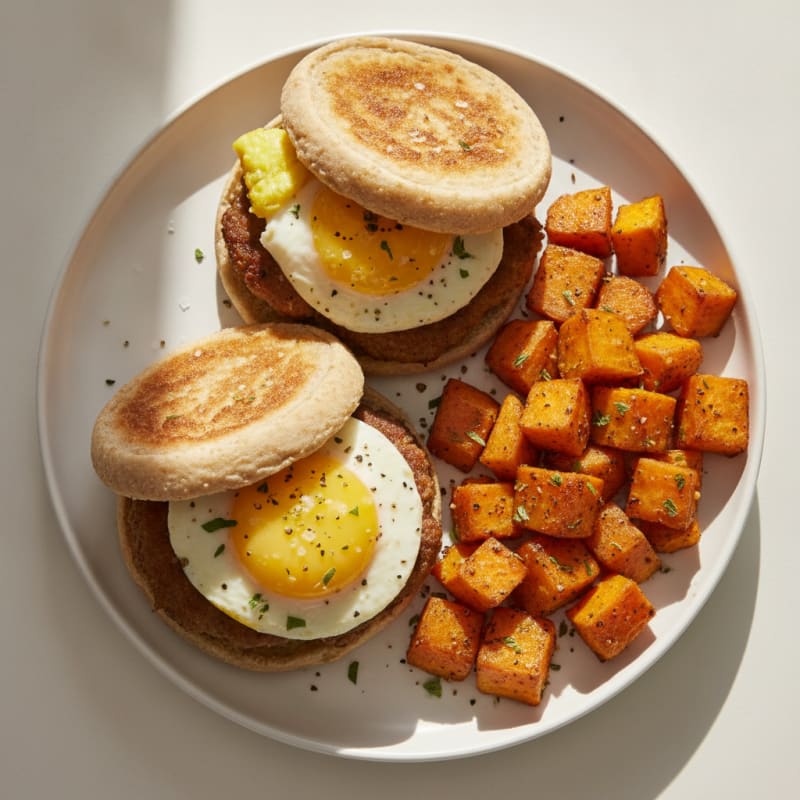 Sausage Egg Muffin with Roasted Sweet Potatoes