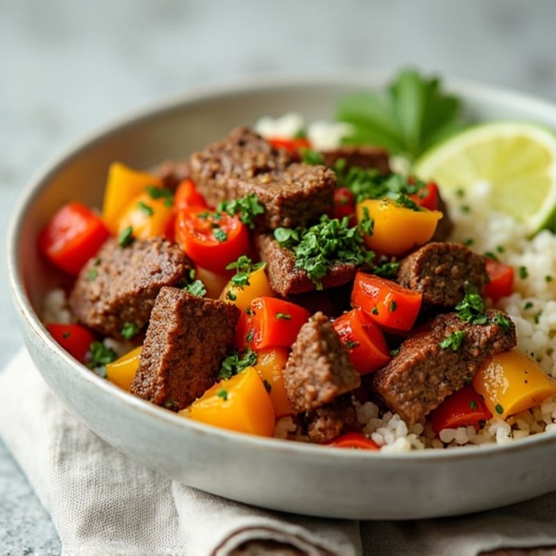 Lean Beef and Bell Pepper Skillet with Cilantro-Lime Cauliflower Rice