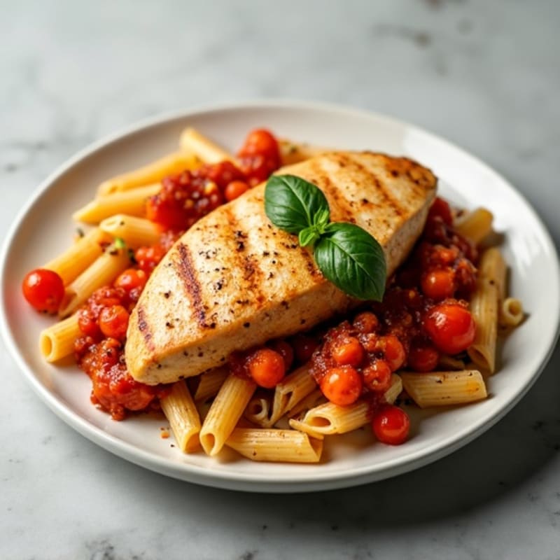 Pan-Seared Chicken Pasta with Crispy Roasted Vegetables and Zesty Marinara