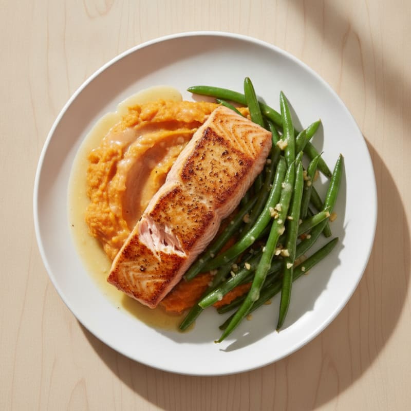 Seared Salmon with Garlic Green Beans and Mashed Sweet Potatoes