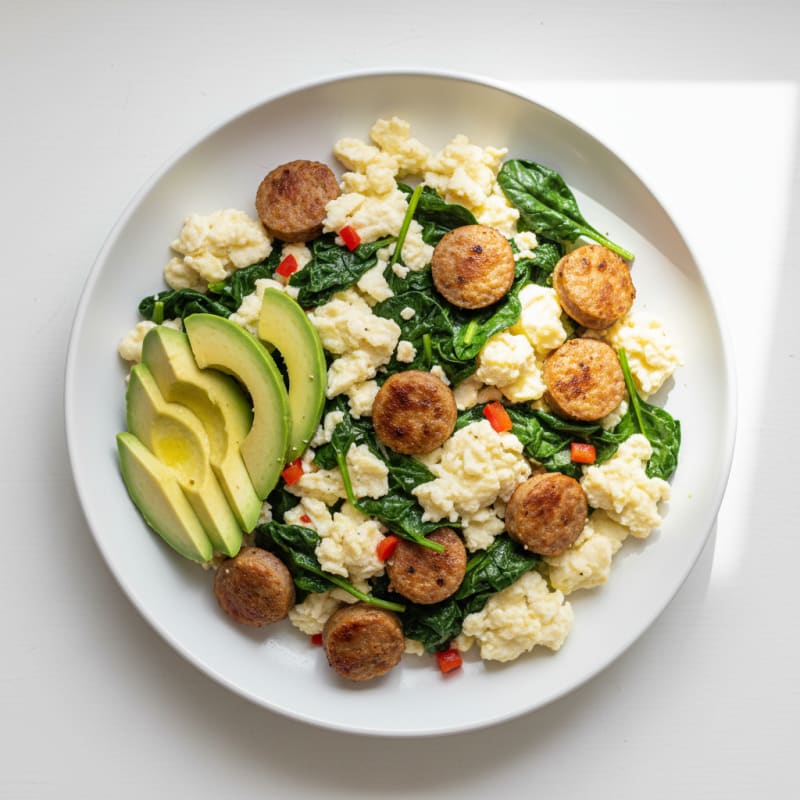 Egg White Scramble with Turkey Sausage and Sautéed Spinach