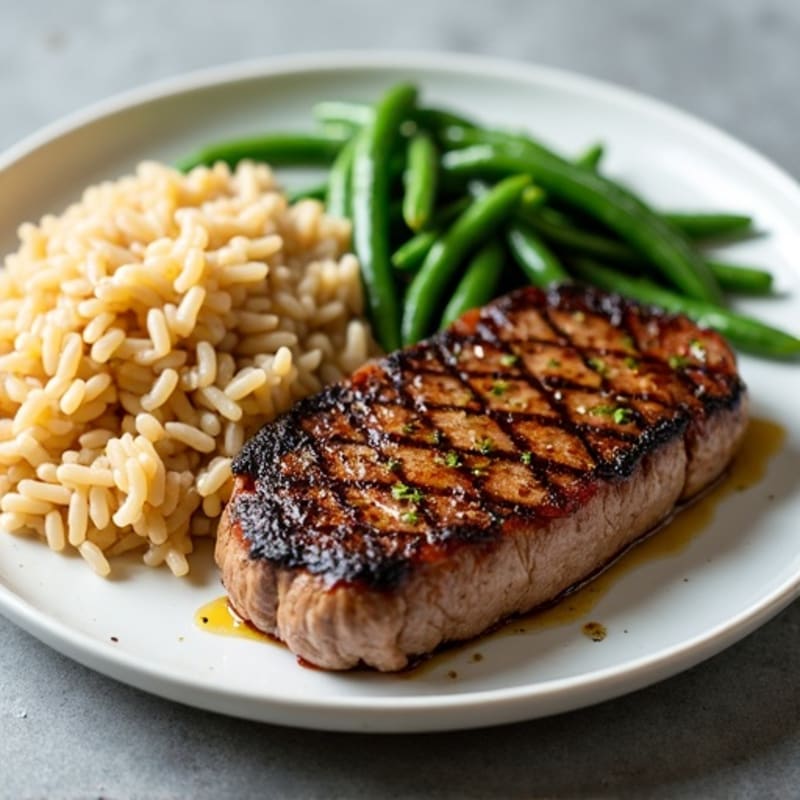 Seared Steak with Garlic Green Beans and Brown Rice