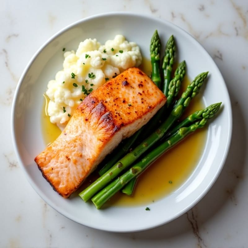 Seared Salmon with Steamed Asparagus and Cauliflower Mash
