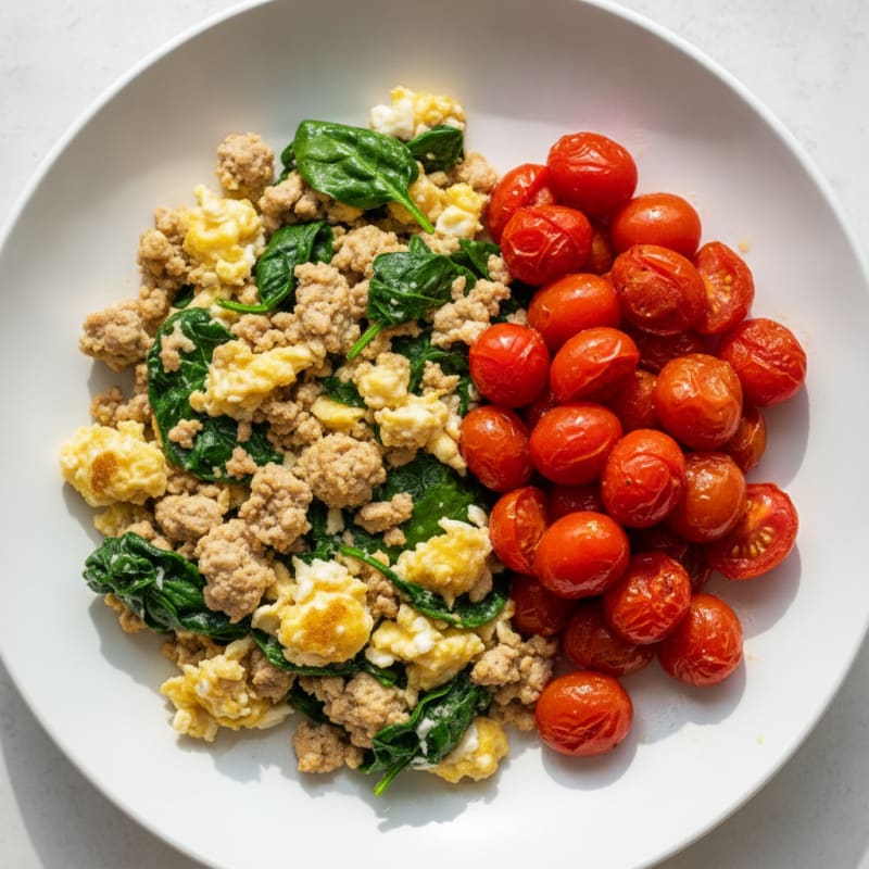 Turkey Mince and Spinach Egg Scramble with Roasted Tomatoes