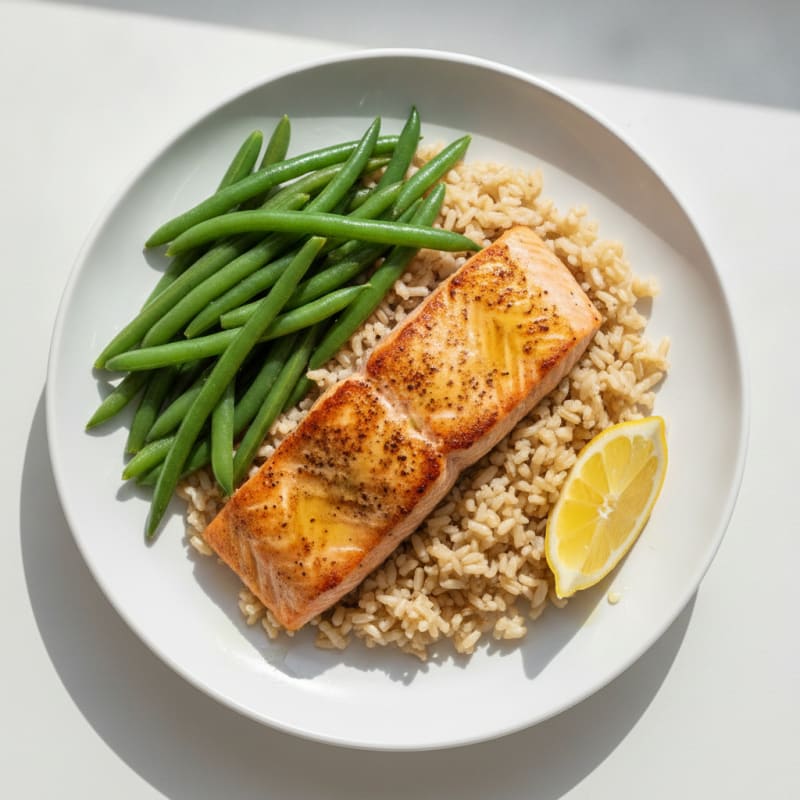 Seared Salmon Fillet with Steamed Green Beans and Brown Rice