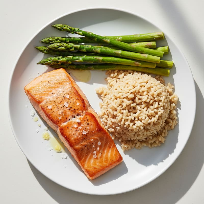 Seared Salmon with Steamed Asparagus and Brown Rice