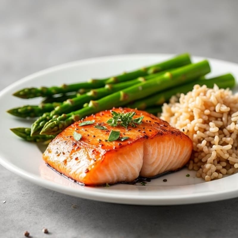 Seared Salmon with Steamed Asparagus and Brown Rice