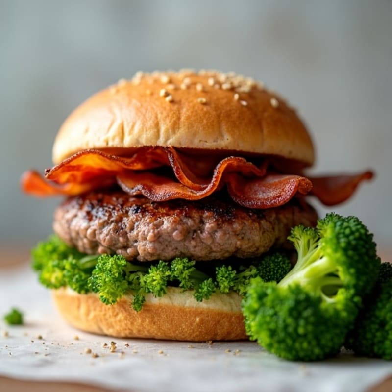 Lean Beef Burger with Crispy Turkey Bacon and Roasted Broccoli