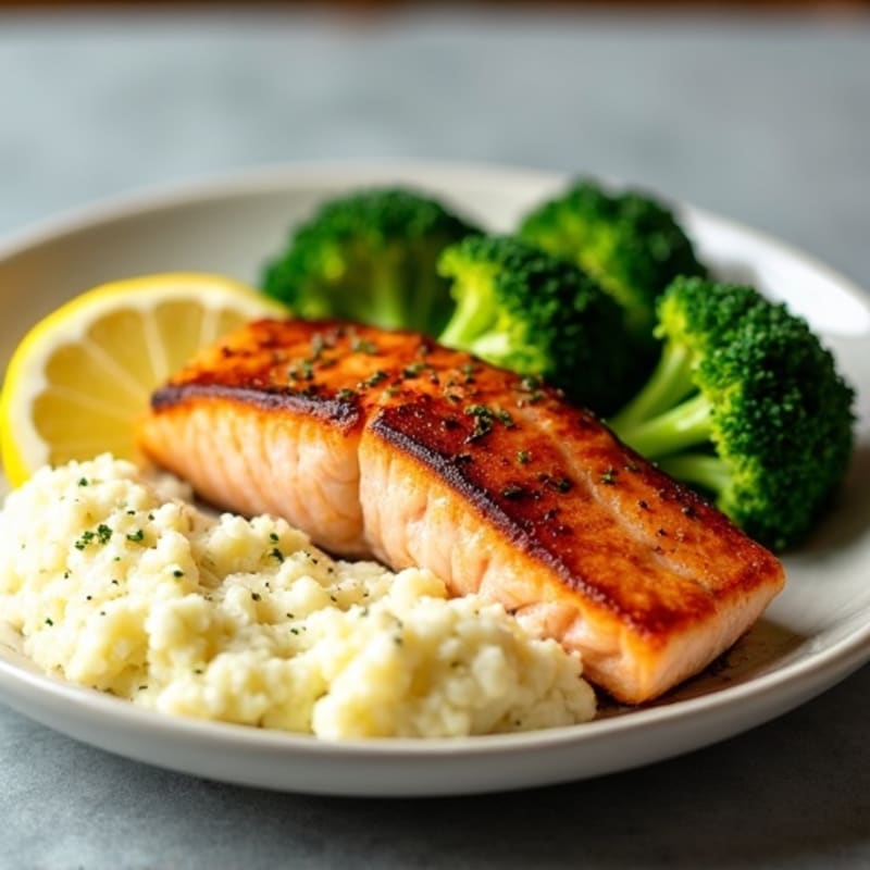 Seared Salmon with Steamed Broccoli and Garlic Cauliflower Mash