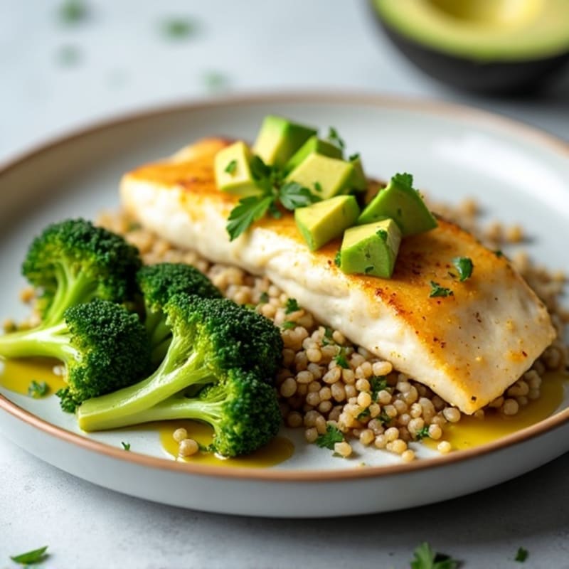 Pan-Seared Tilapia with Steamed Broccoli, Quinoa & Avocado Drizzle