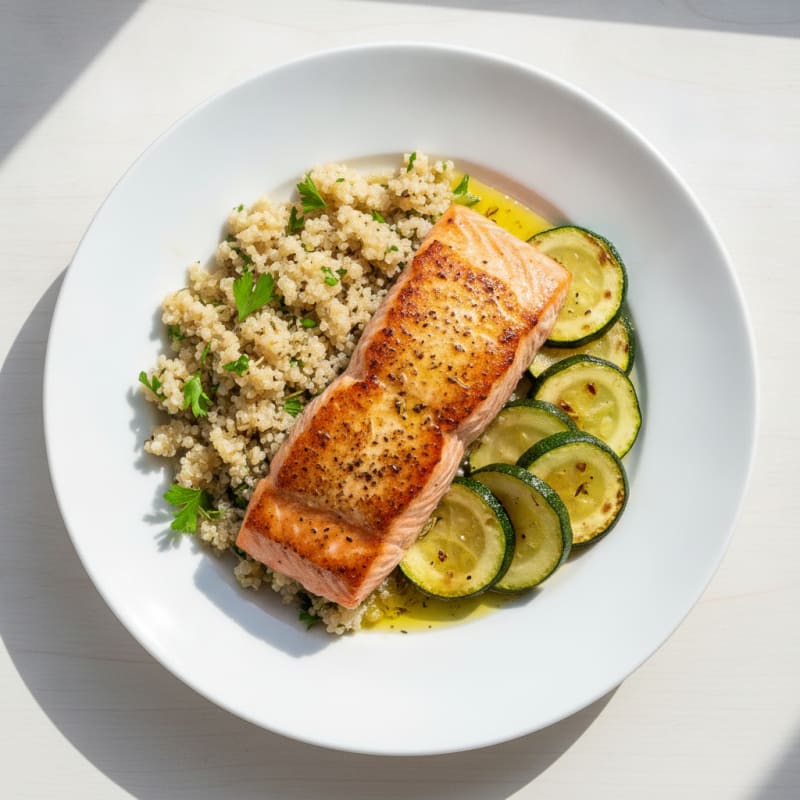 Seared Salmon with Lemon Herb Quinoa and Roasted Zucchini