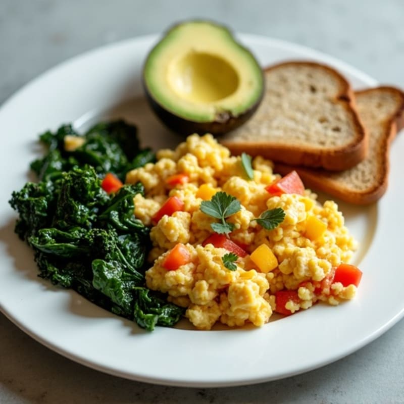Egg White Veggie Scramble with Sautéed Spinach