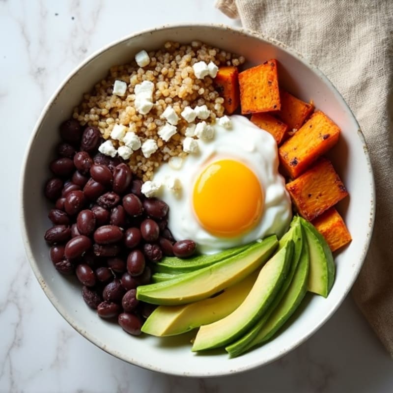 Hearty Black Bean and Quinoa Bowl with Roasted Sweet Potatoes and Creamy Avocado