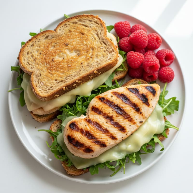 Grilled Chicken Breast Sandwich with Leafy Greens and Light Cheese on Toasted Bread