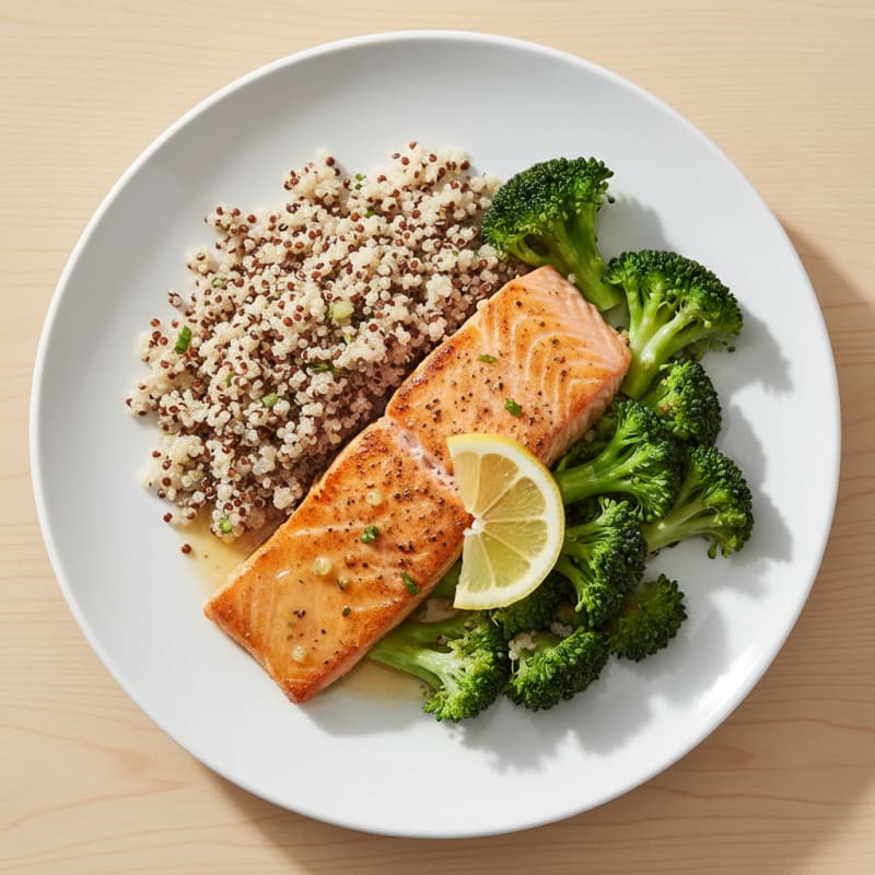 Seared Salmon Fillet with Steamed Broccoli and Quinoa