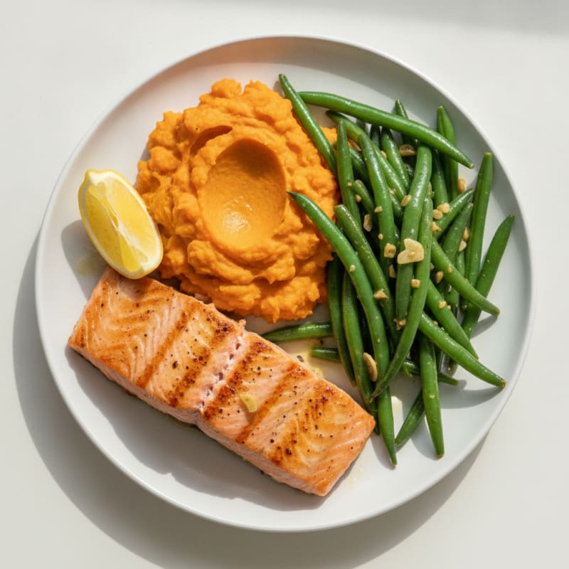 Seared Salmon with Garlic Green Beans and Sweet Potato Mash