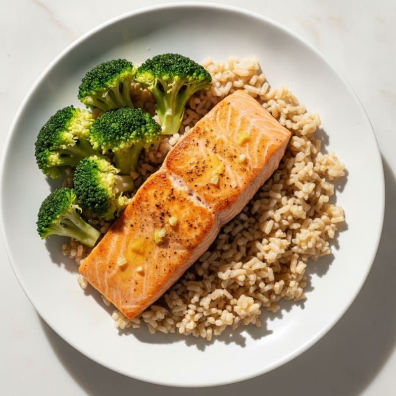 Seared Salmon with Steamed Broccoli and Brown Rice