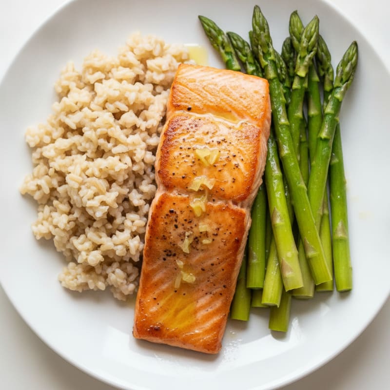 Seared Salmon with Steamed Asparagus and Brown Rice
