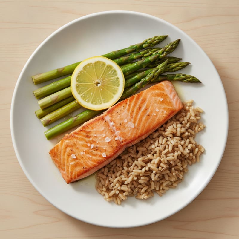 Seared Salmon with Steamed Asparagus and Brown Rice