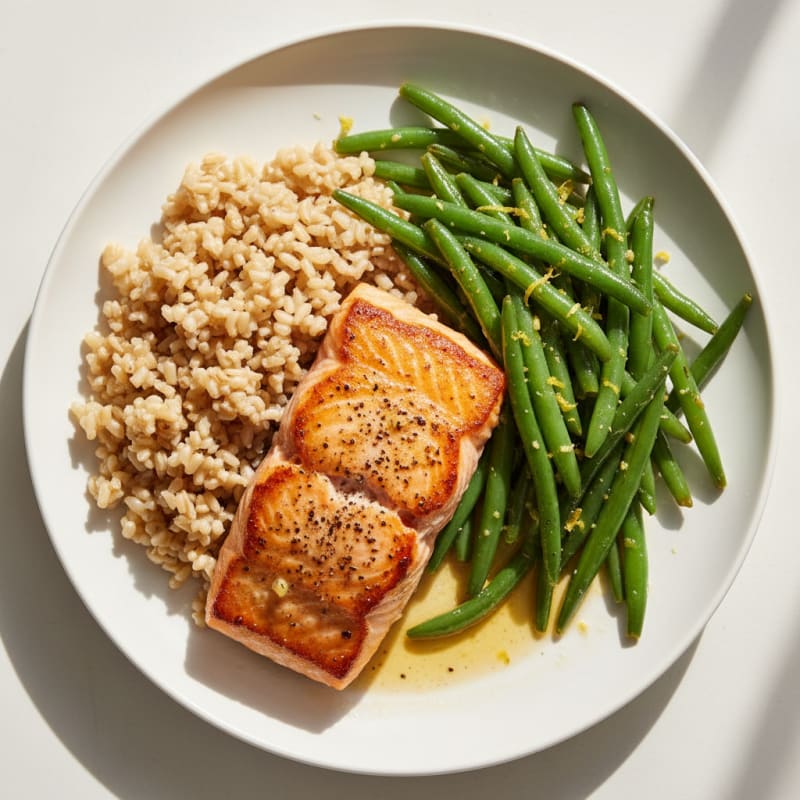 Seared Salmon with Lemon-Garlic Green Beans and Brown Rice