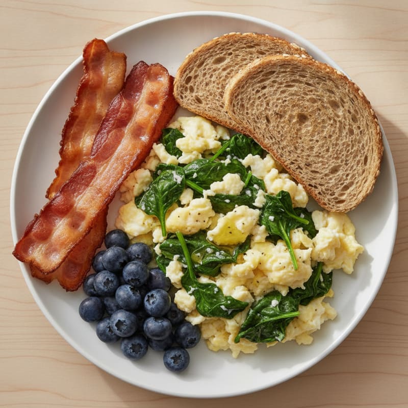 Crispy Turkey Bacon and Egg White Scramble with Sautéed Spinach
