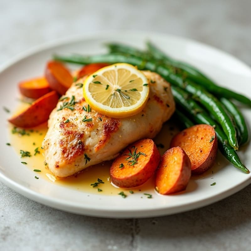 Crispy Lemon-Herb Roasted Chicken with Roasted Sweet Potatoes and Fresh Green Beans