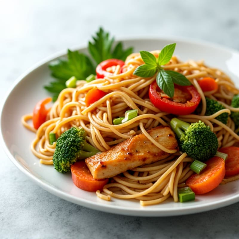 Garlic-Ginger Chicken Lo Mein with Fresh Vegetables