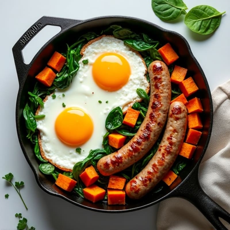 Savory Turkey Sausage and Roasted Sweet Potato Skillet with Fresh Eggs and Spinach