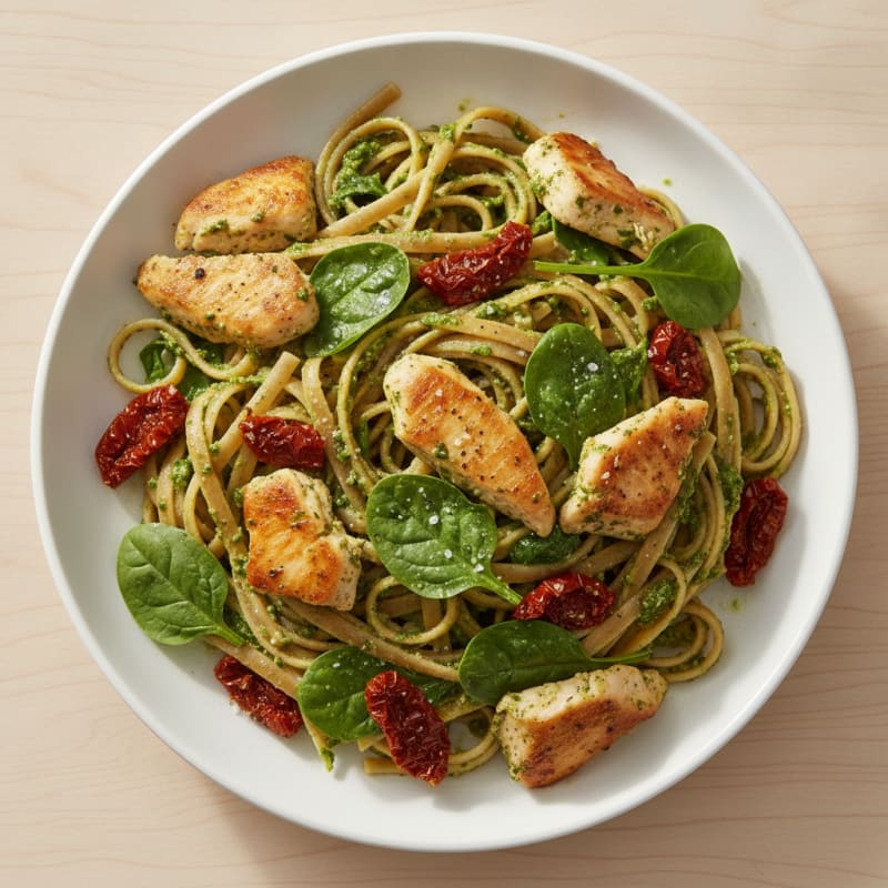 Pesto Chicken Linguine with Sun-Dried Tomatoes