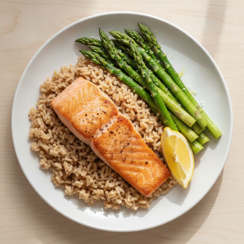 Seared Salmon Fillet with Steamed Asparagus and Brown Rice
