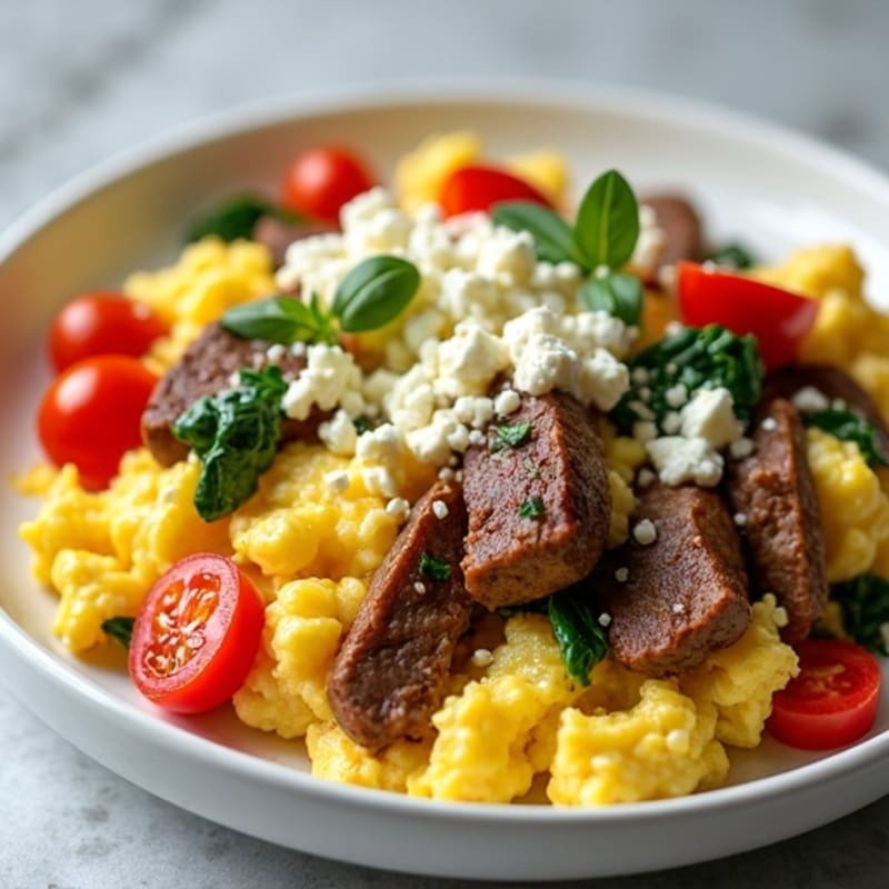 Scrambled Eggs with Sautéed Veggies, Lean Beef, and Feta Cheese