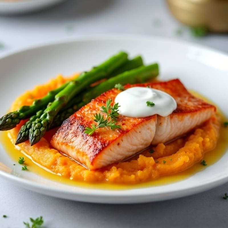Seared Salmon with Steamed Asparagus and Sweet Potato Mash