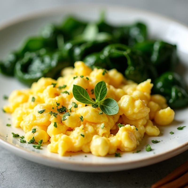 Fluffy Scrambled Eggs with Fresh Herbs and Sautéed Spinach