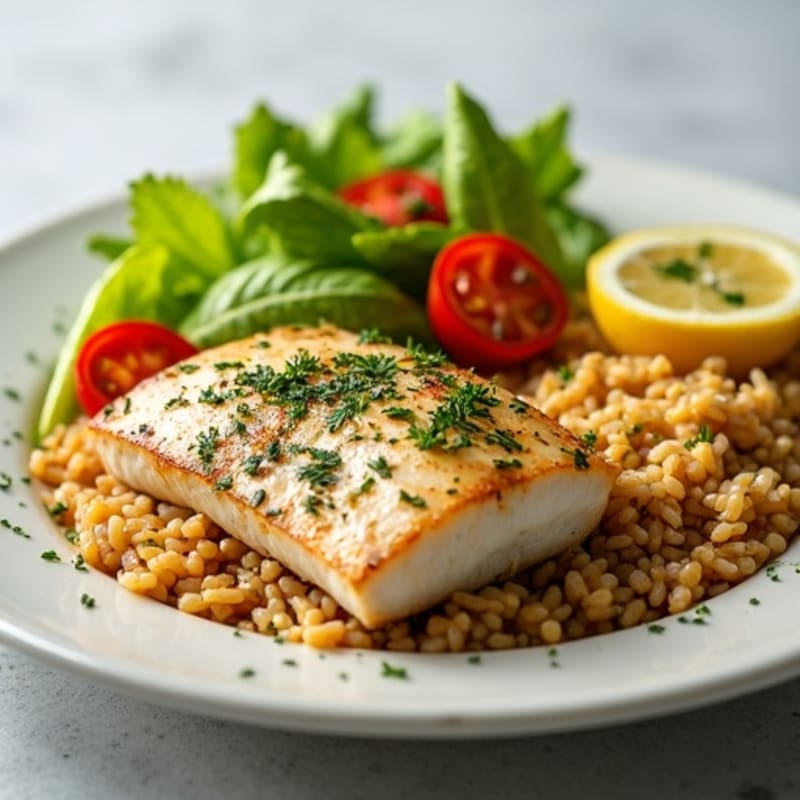 Herb-Roasted Mahi Mahi with Jasmine Rice and Romaine Lettuce Salad