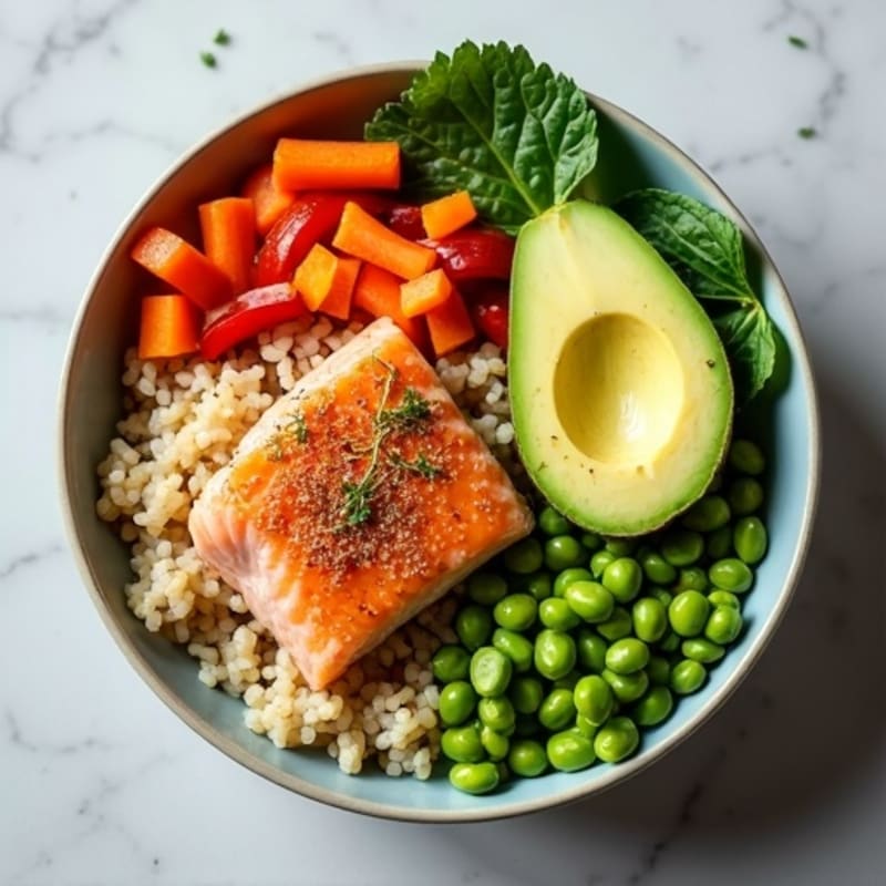 Fresh Salmon and Avocado Rice Bowl with Crisp Vegetables