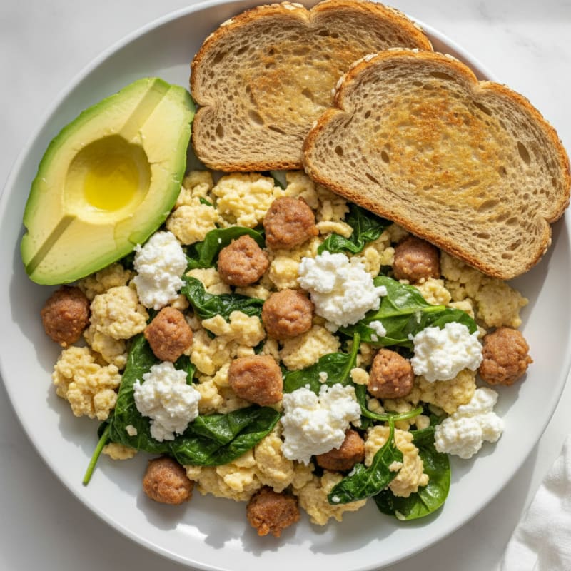 Egg White Scramble with Turkey Sausage and Cottage Cheese