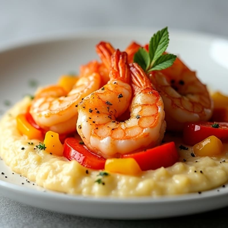 Pan-Seared Shrimp with Spicy Bell Peppers and Creamy Grits