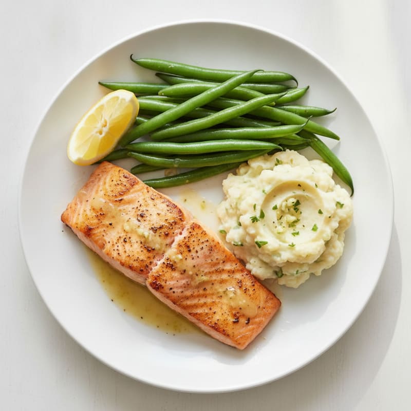 Seared Salmon Fillet with Steamed Green Beans and Garlic Mashed Cauliflower