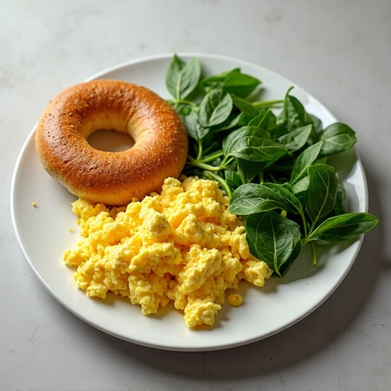 Fluffy Scrambled Egg and Fresh Spinach Whole Wheat Bagel