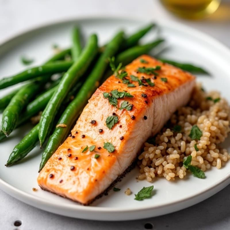 Seared Salmon with Garlic Green Beans and Brown Rice