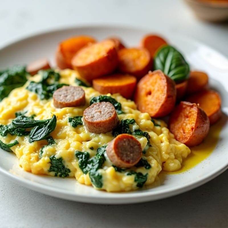 Egg White and Turkey Sausage Scramble with Spinach and Roasted Sweet Potatoes