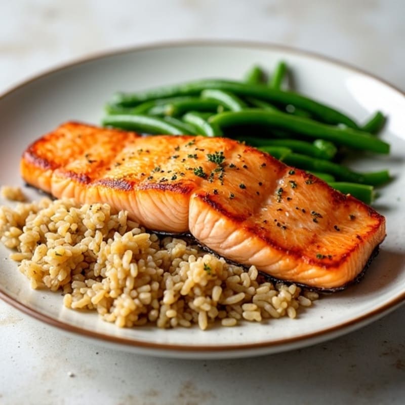 Seared Salmon Fillet with Garlic Green Beans and Brown Rice