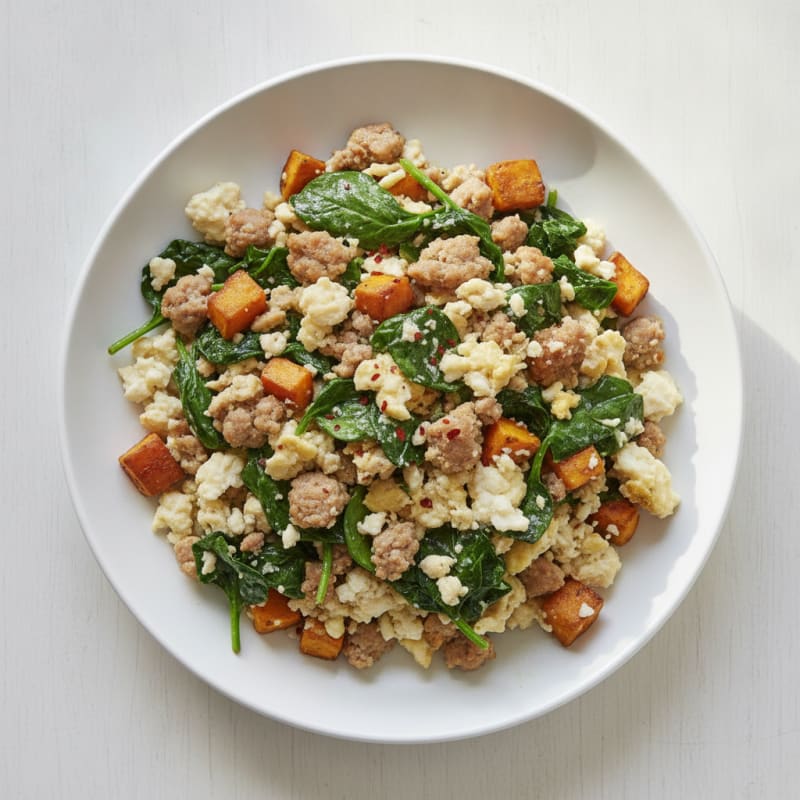 Egg White and Turkey Sausage Scramble with Sautéed Spinach