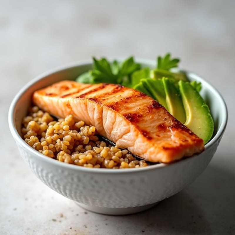 Pan-Seared Salmon Brown Rice Bowl with Fresh Avocado and Sesame-Ginger Dressing