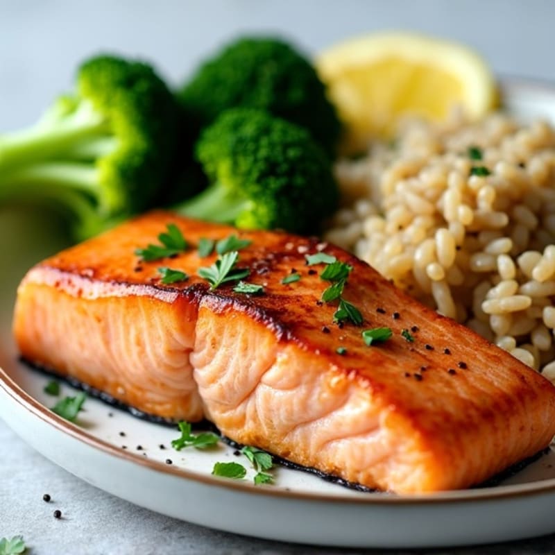 Seared Salmon with Steamed Broccoli and Herbed Brown Rice