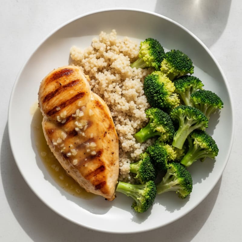 Grilled Lemon Garlic Chicken Breast with Quinoa and Steamed Broccoli