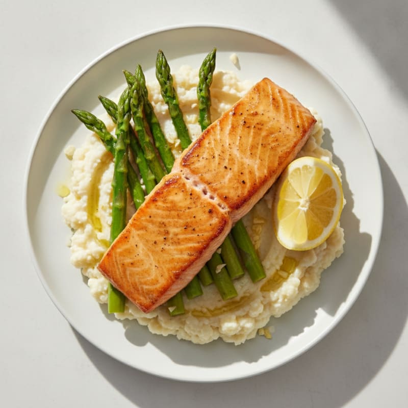 Seared Salmon with Steamed Asparagus and Cauliflower Mash