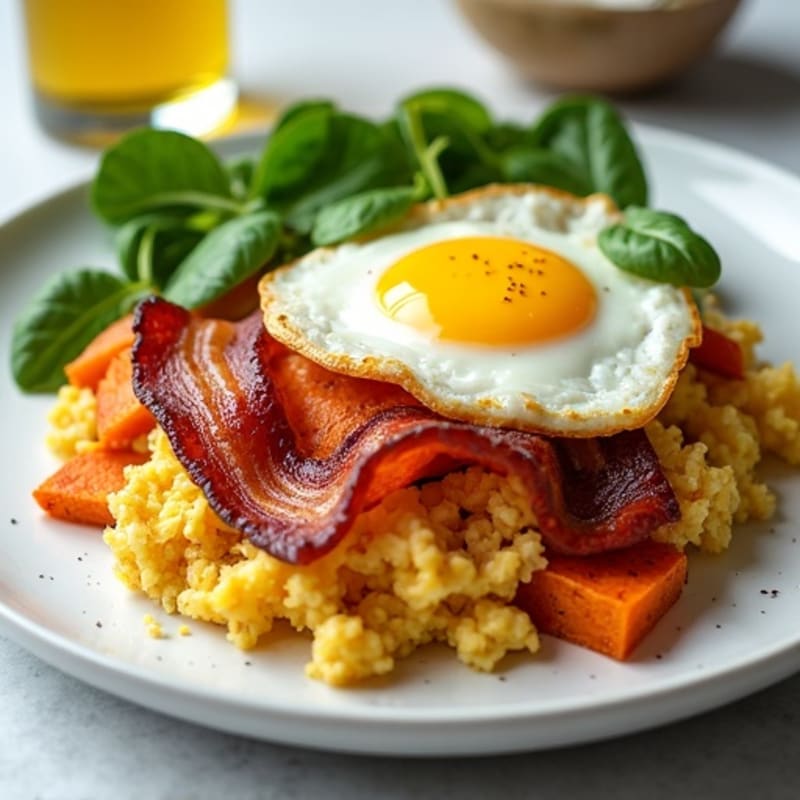 Crispy Turkey Bacon and Spinach Egg White Scramble with Roasted Sweet Potatoes